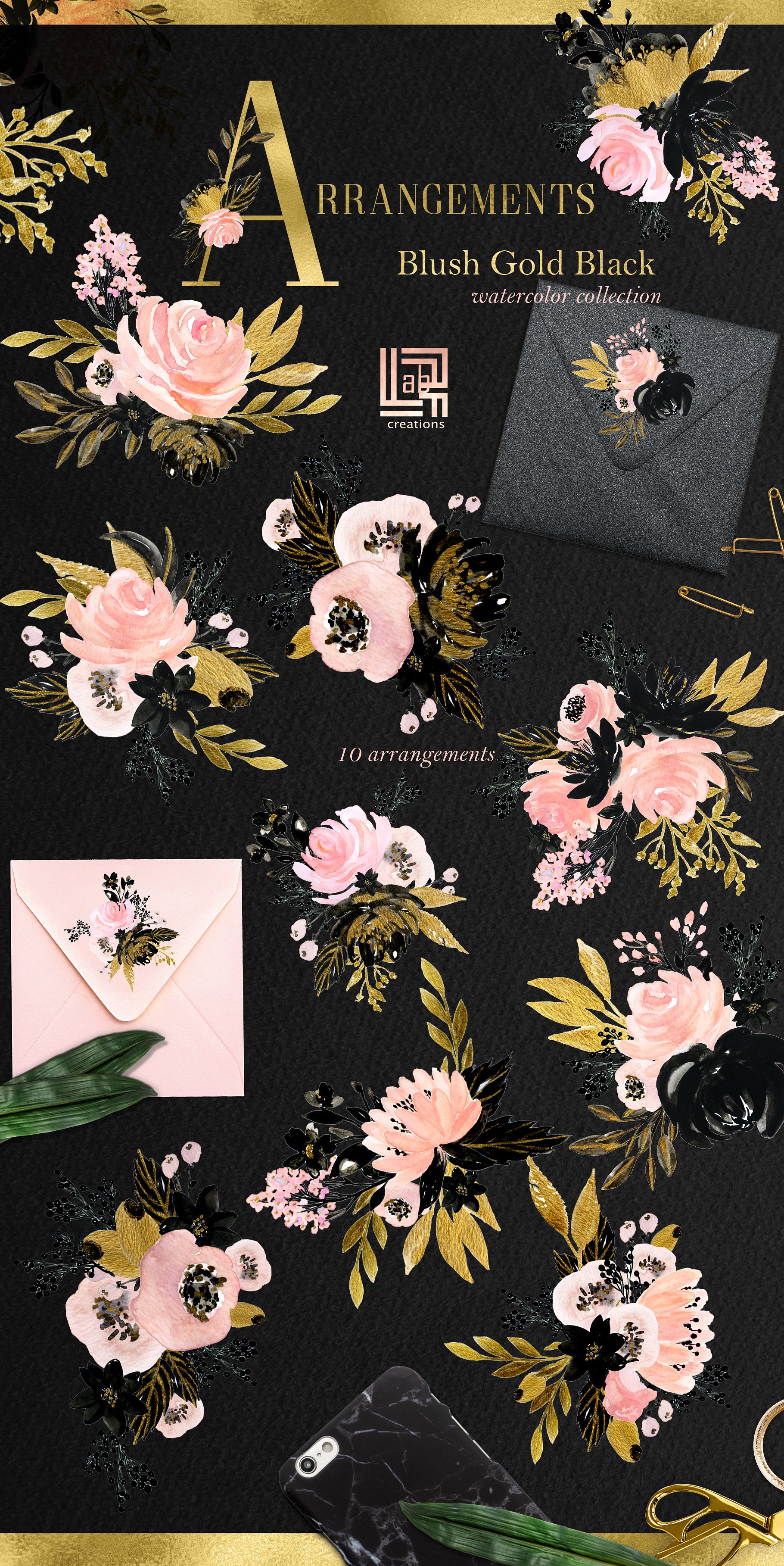 手绘水彩花卉植物设计素材Blush Gold Black.