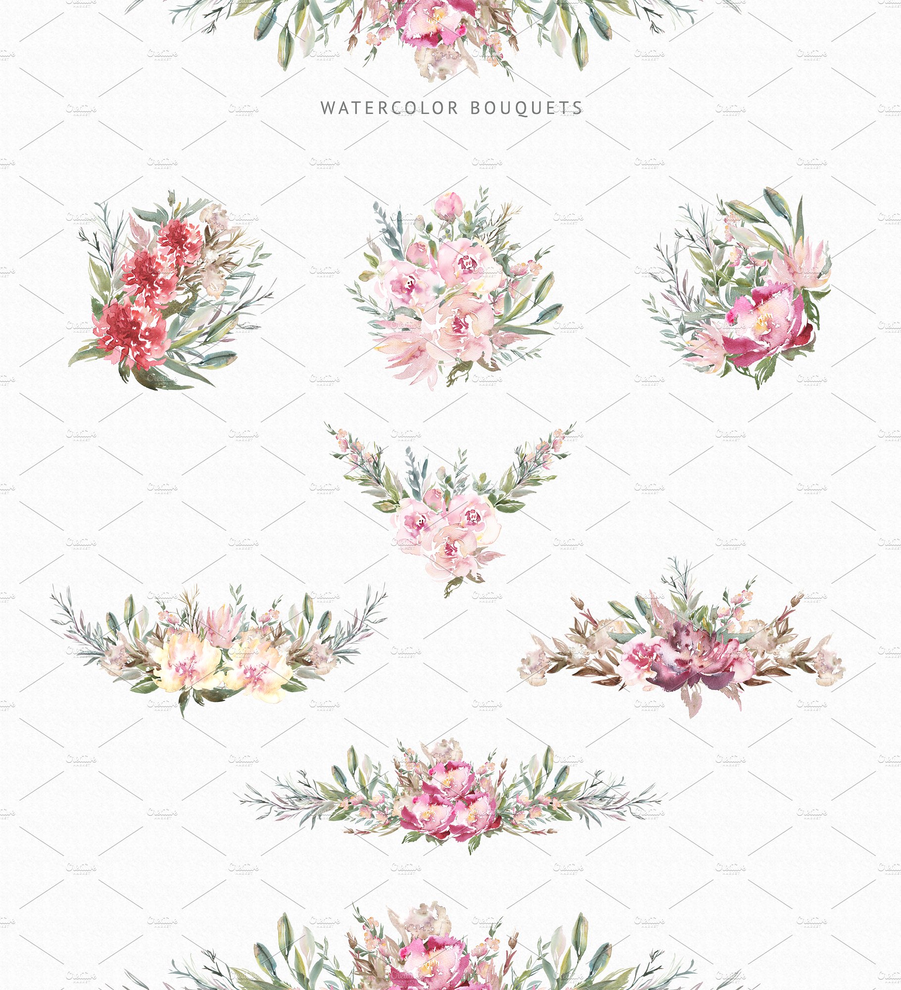 手绘水彩花卉植物设计素材Spring Lush Flower