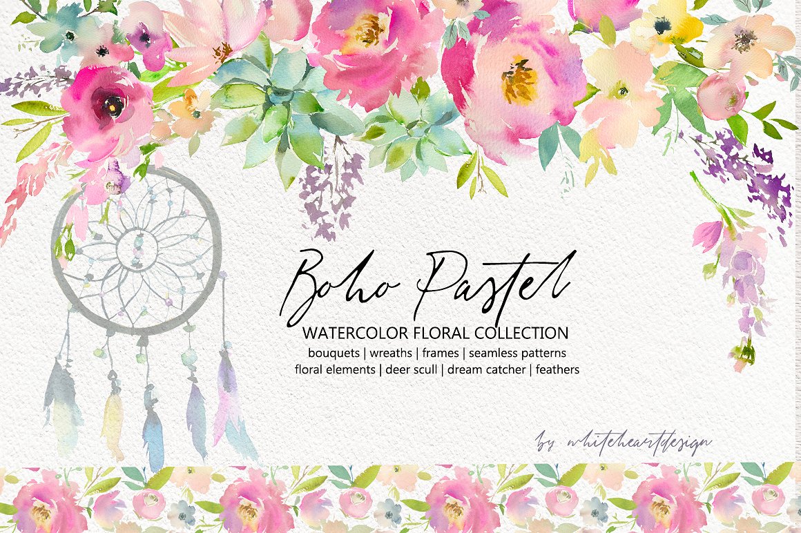 波西米亚风格水彩花卉素材合集Boho Pastel Wate