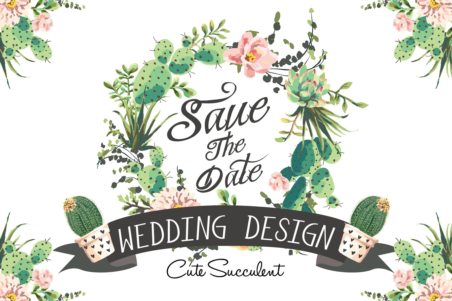 手绘婚礼图形设置与多肉植物设计元素Wedding graph