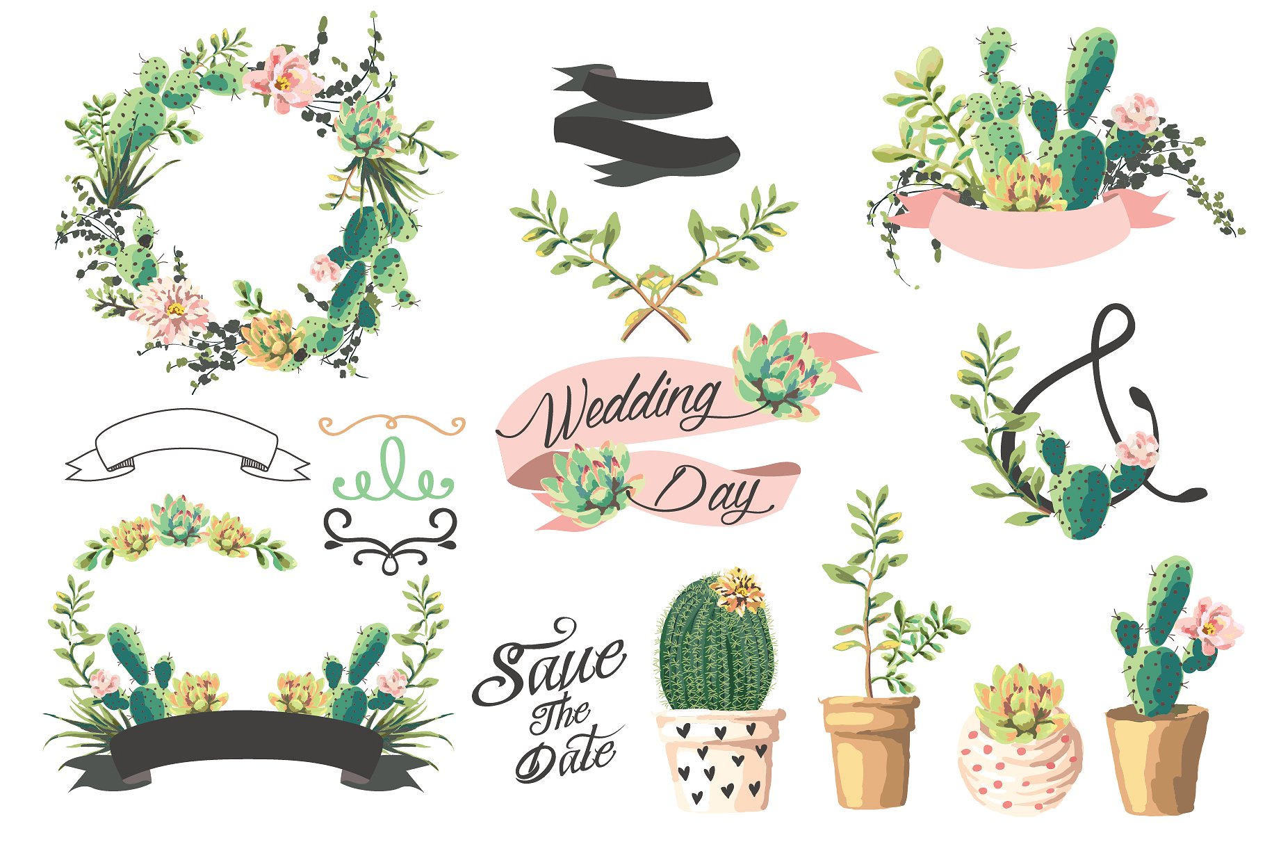 手绘婚礼图形设置与多肉植物设计元素Wedding graph