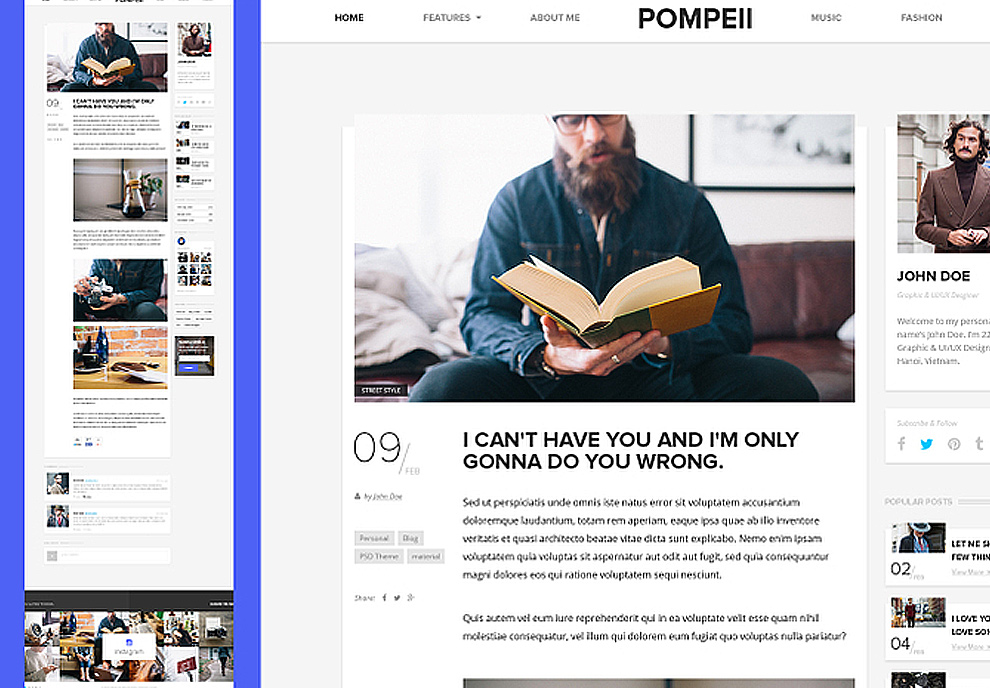 独特而富有创意的个人博客媒体资讯社交类PSD网页模板Pomp