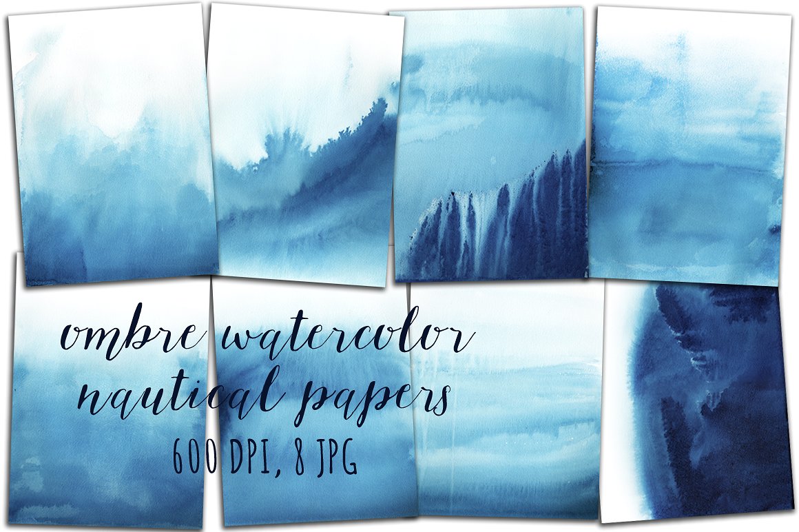 蓝色海洋水彩背景设计素材Ombre Watercolor P