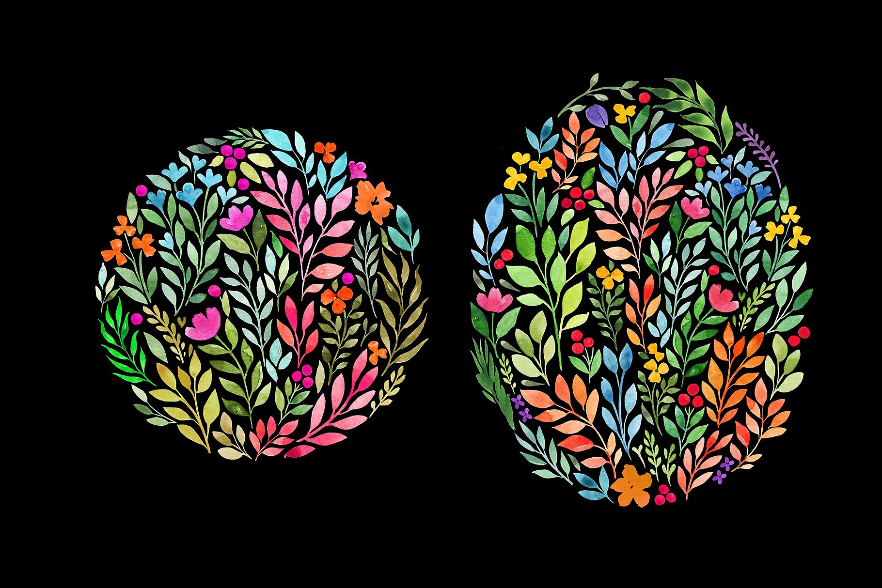 水彩花卉图案椭圆形心形水滴形状图案素材 Watercolor