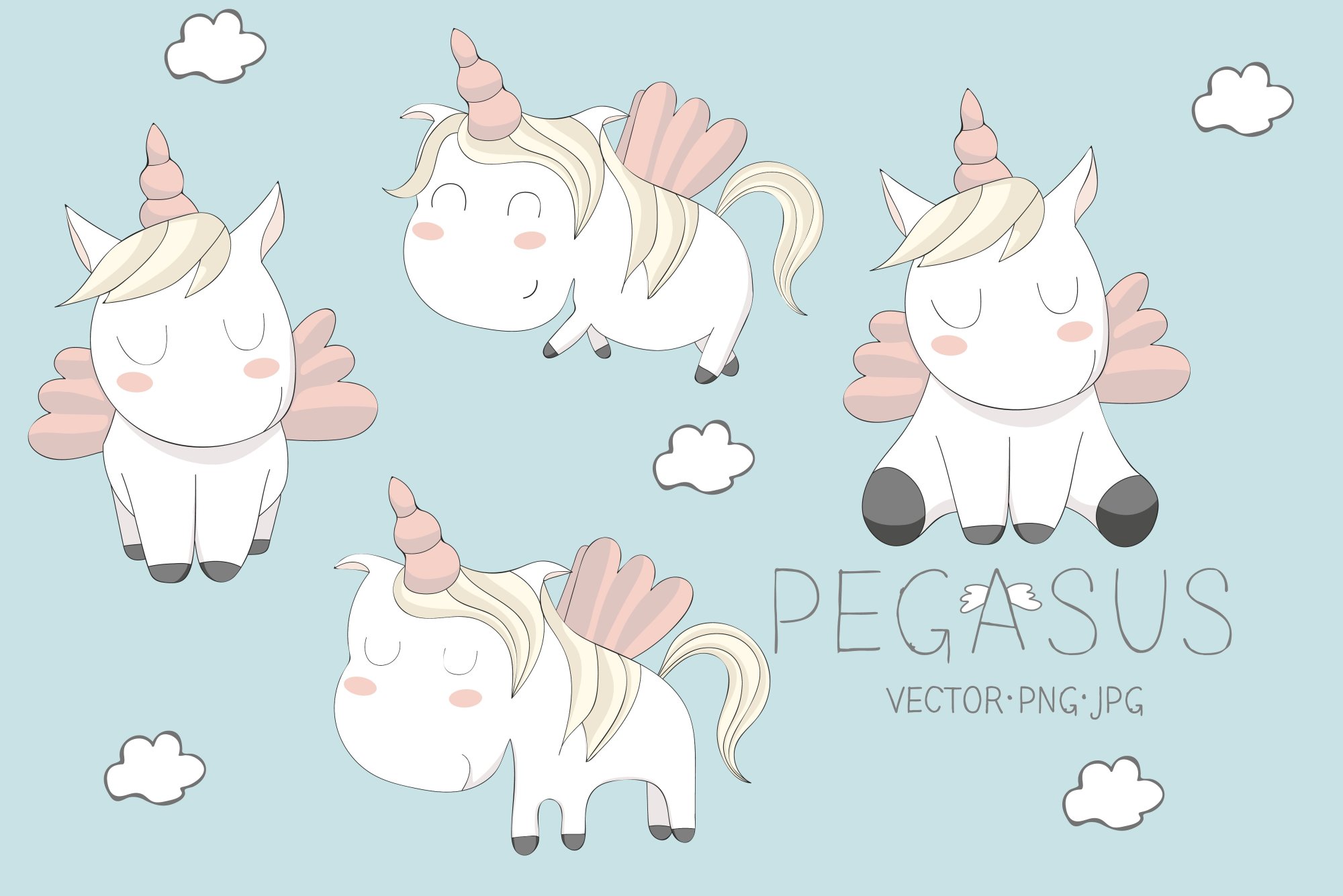 可爱的独角兽矢量插图素材 Cute Pegasus illu