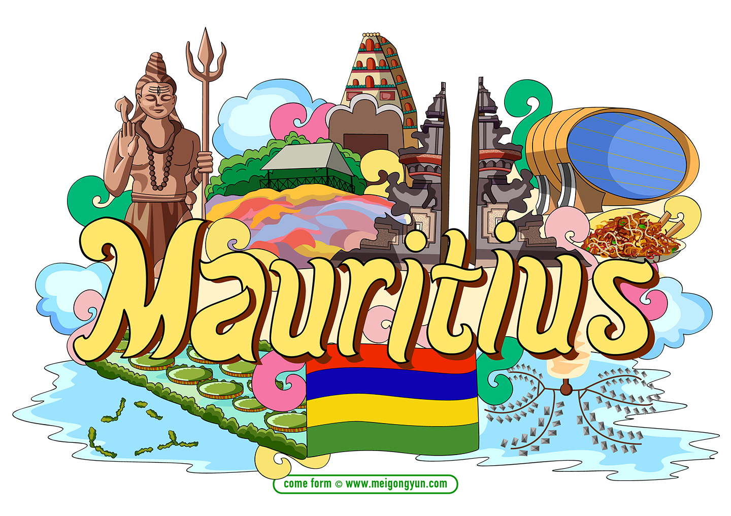 手绘涂鸦世界国家城市毛里求斯特色建筑矢量元素Mauritiu