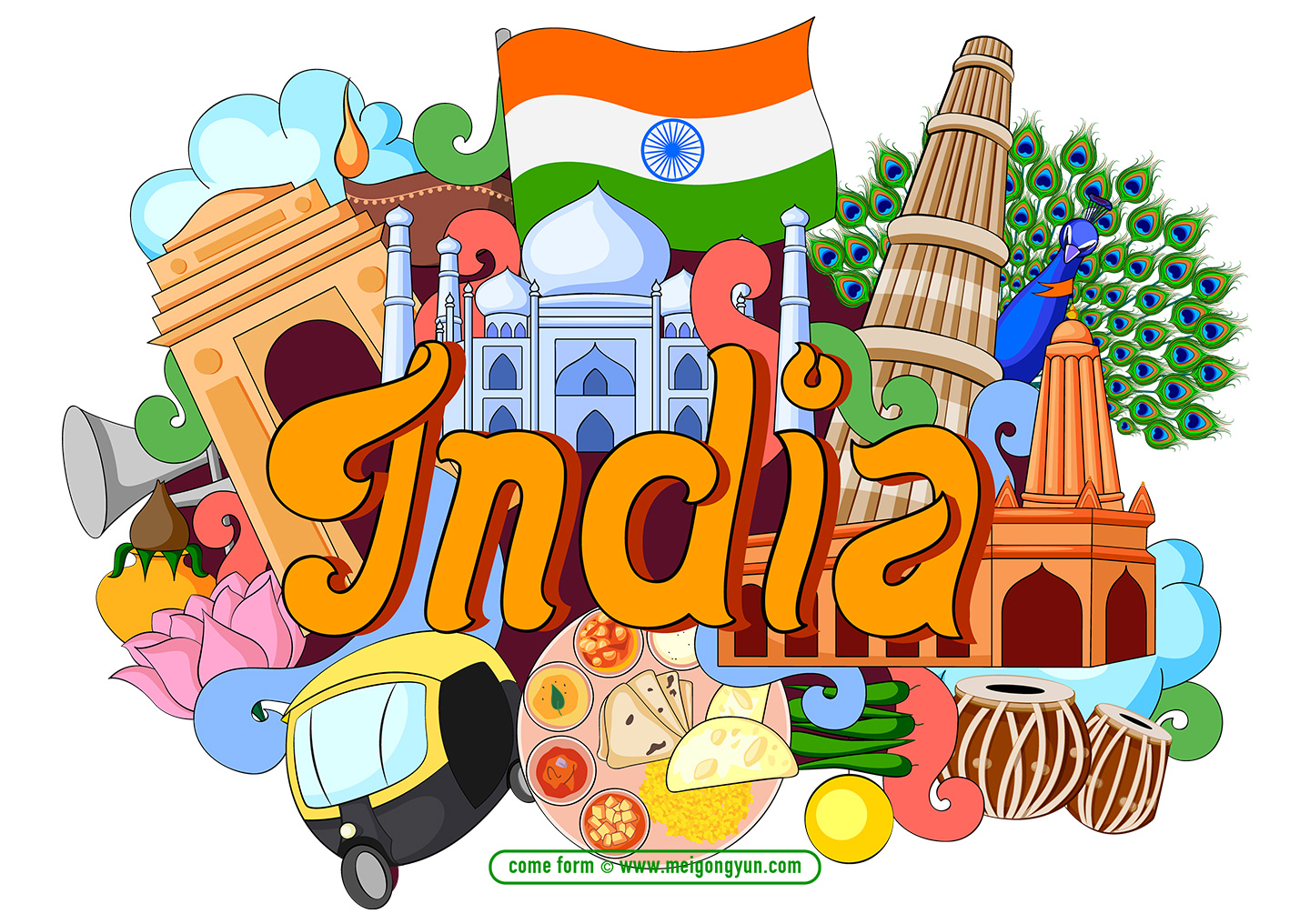 手绘涂鸦世界国家城市印度特色建筑矢量元素India 08