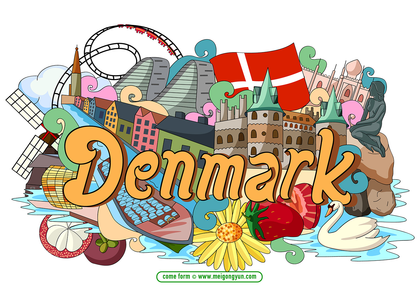 手绘涂鸦世界国家城市丹麦特色建筑矢量元素denmark