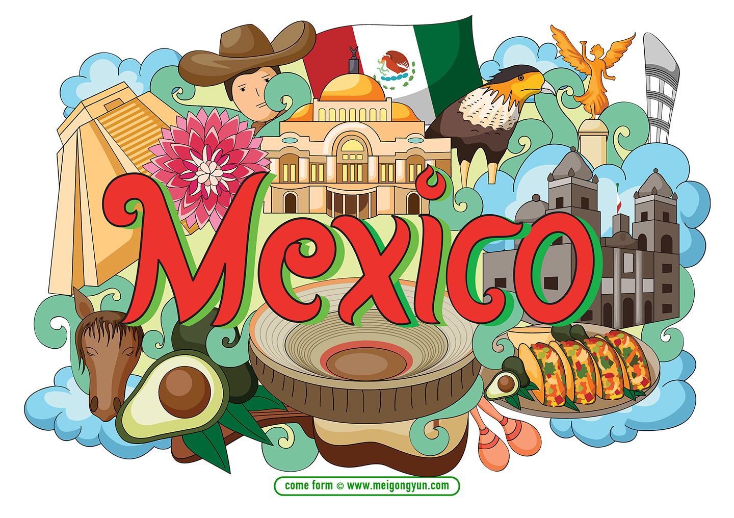 手绘涂鸦世界国家城市墨西哥特色建筑矢量元素mexico