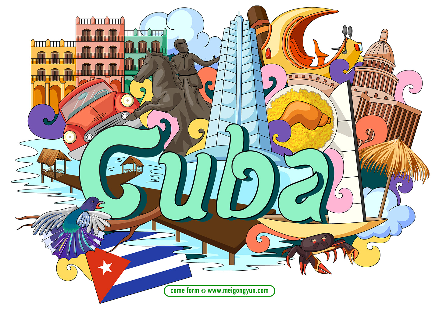 手绘涂鸦世界国家城市古巴特色建筑矢量元素GUBA