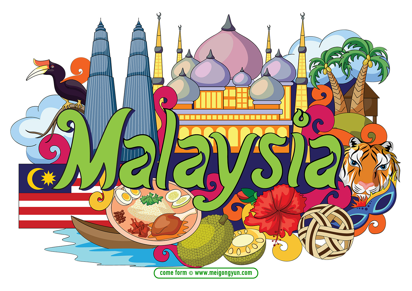 手绘涂鸦世界国家城市马来西亚特色建筑矢量元素malaysia