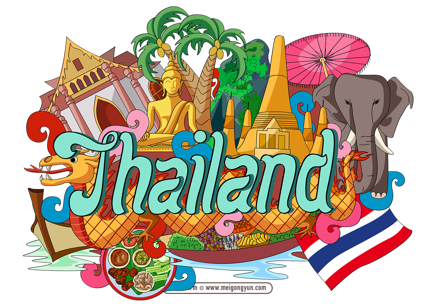 手绘涂鸦世界国家城市泰国特色建筑矢量元素thailand