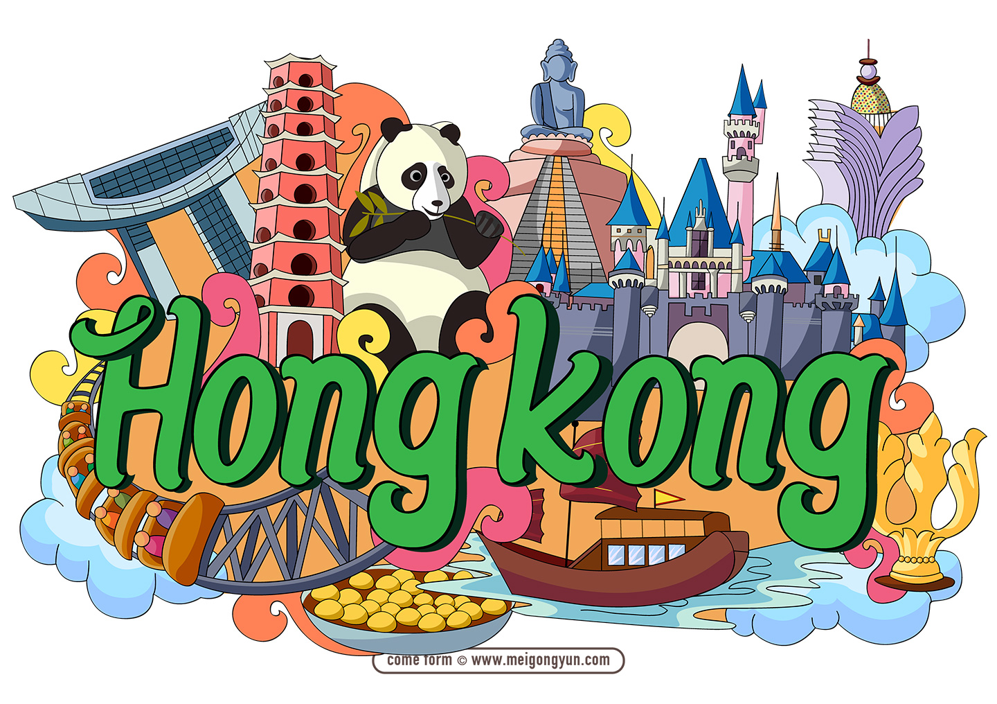 手绘涂鸦世界国家城市香港特色建筑矢量元素hongkong