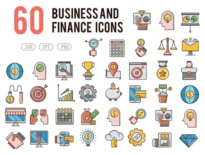 60个商业金融货币彩色矢量图标集Business &