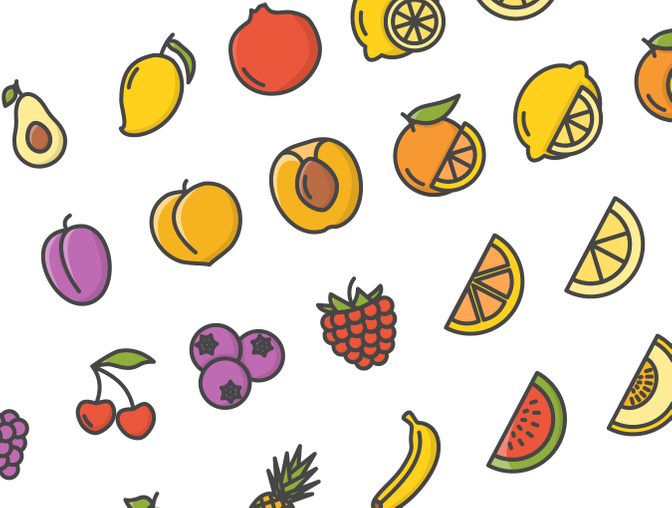 112种多风格水果苹果橘子石榴菠萝草莓甜瓜香蕉葡萄矢量图标集