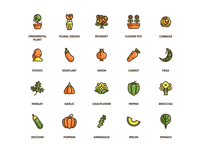 113个园艺植物农业农作物蔬菜水果矢量图标集Gardenin