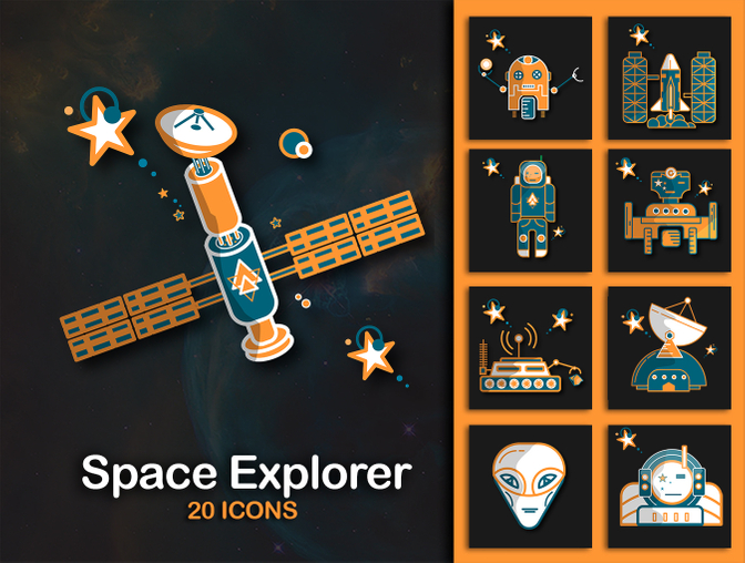 20个世界太空探险家宇航员矢量彩色图标集Space Expl