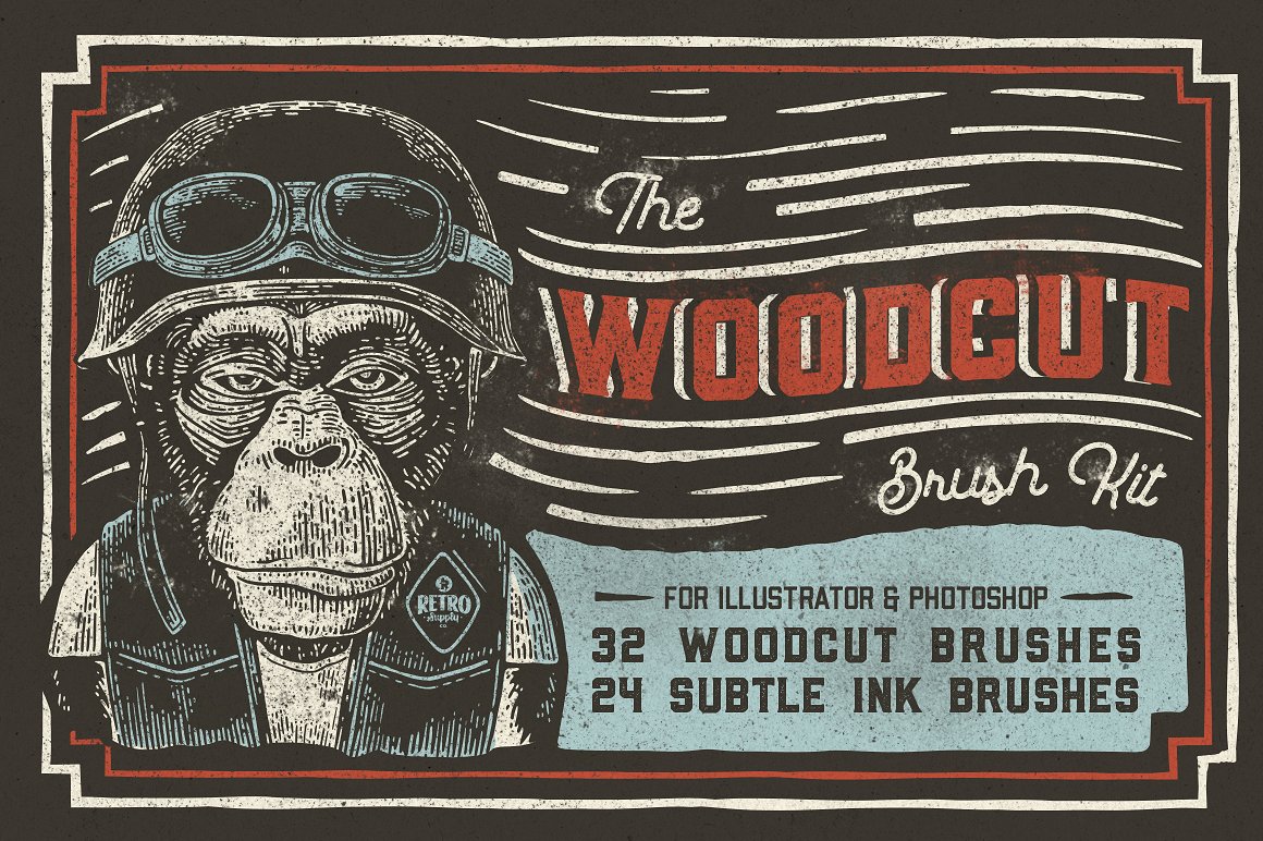 逼真的猴子木刻画笔墨水纹理套装The Woodcut Bru
