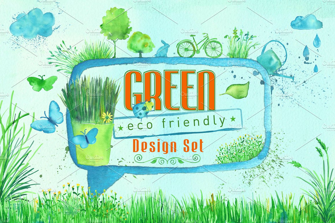 绿色水彩边缘纹理效果的笔刷套装Green Design Se