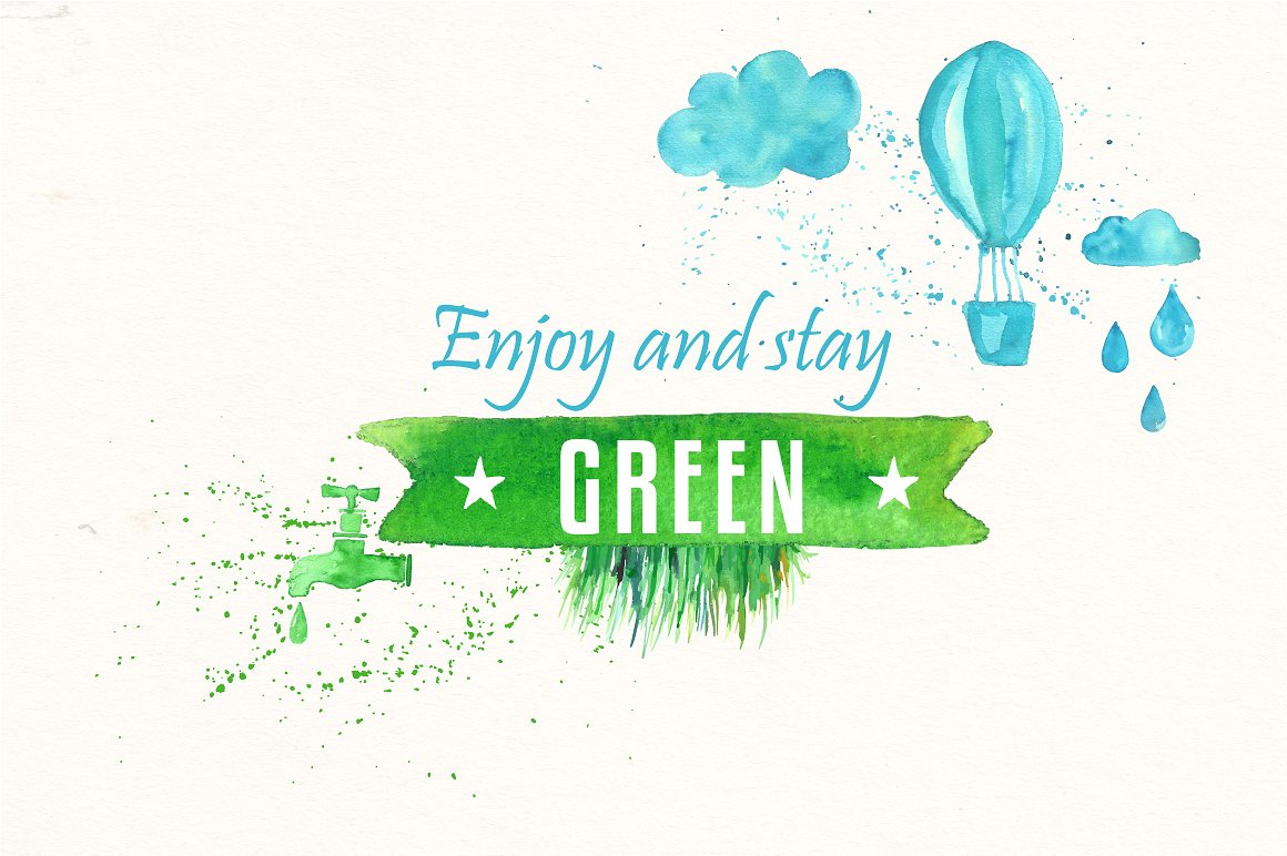 绿色水彩边缘纹理效果的笔刷套装Green Design Se