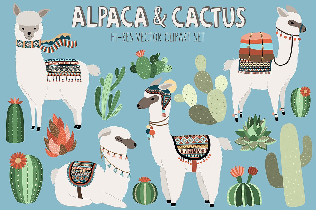 手绘可爱卡通设计素材Llama and Cactus Cli