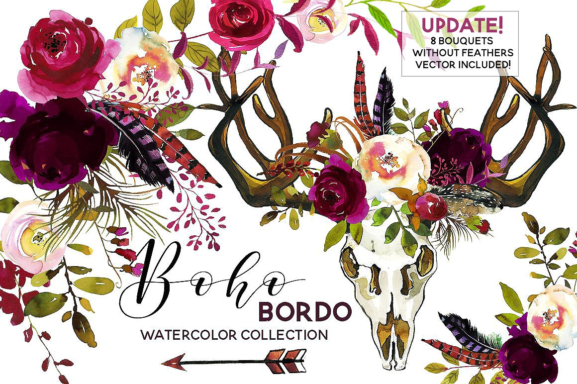 Boho Bordo Watercolor Flowers