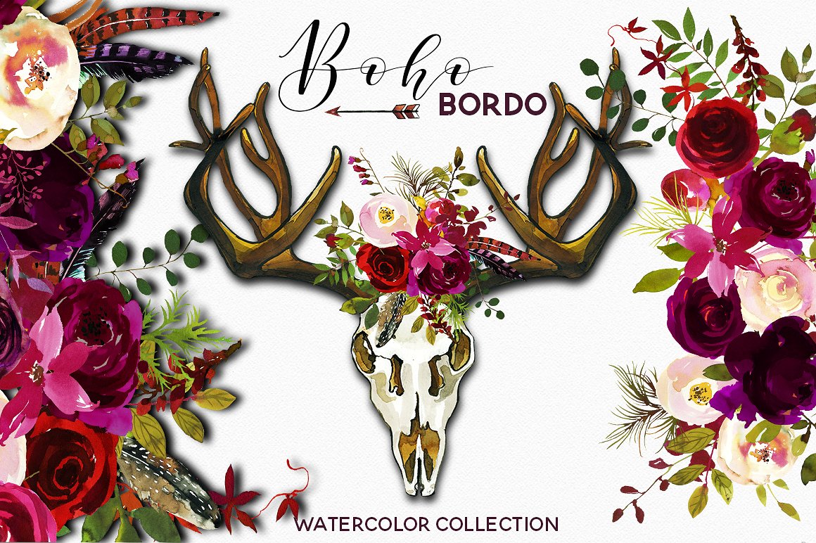 Boho Bordo Watercolor Flowers