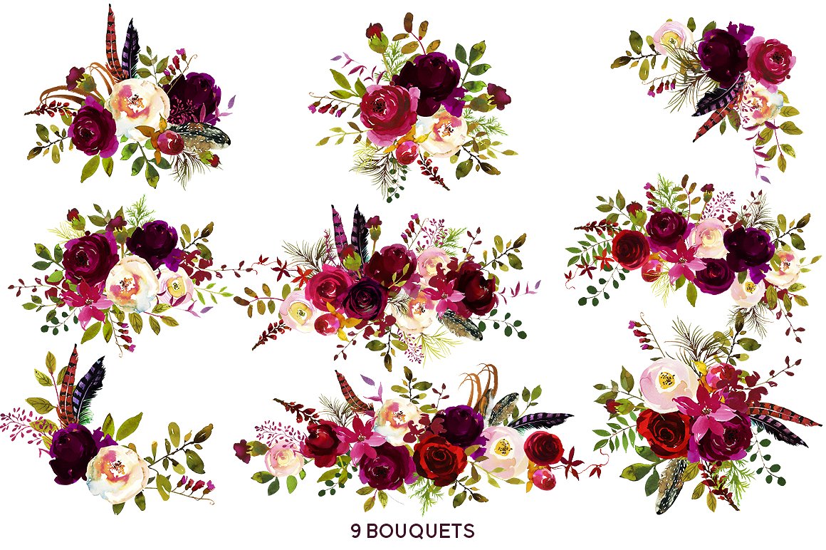 Boho Bordo Watercolor Flowers