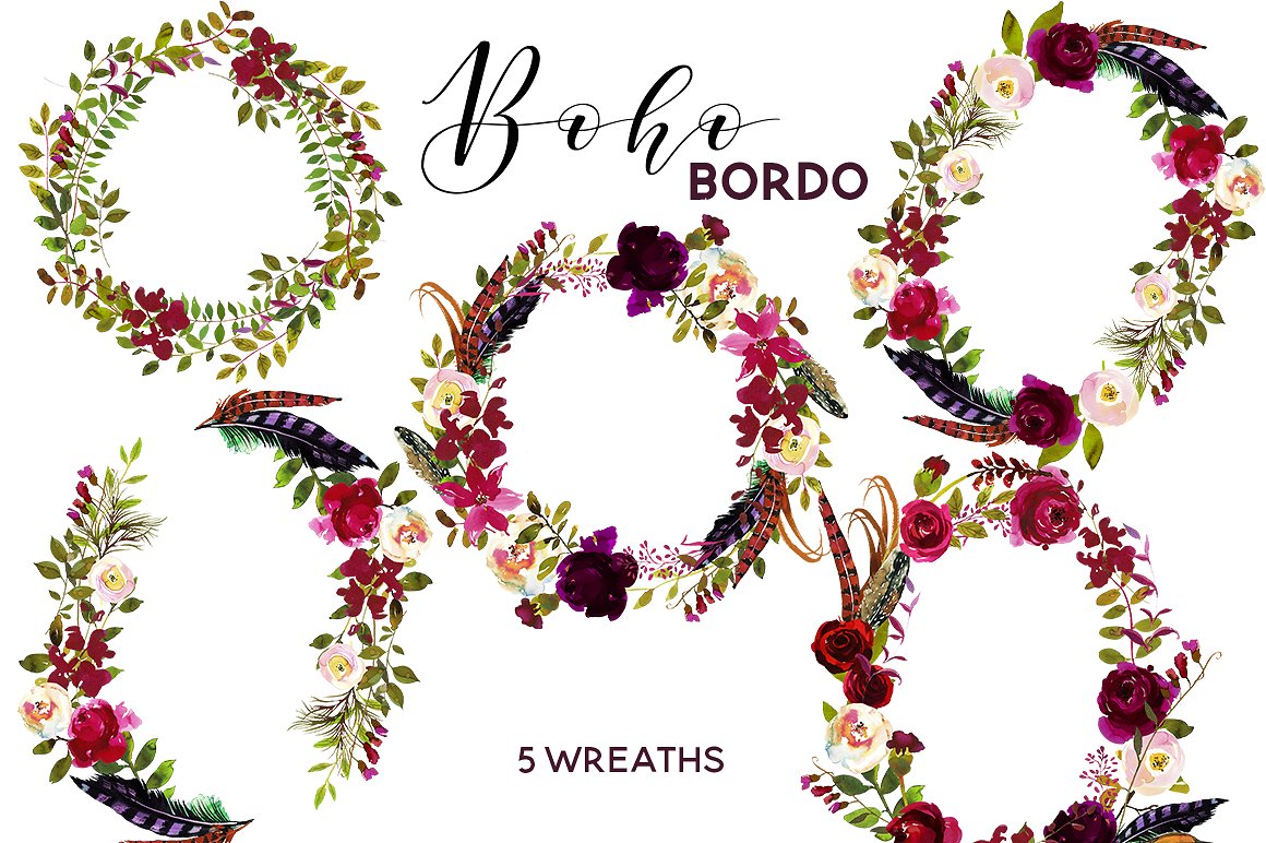 Boho Bordo Watercolor Flowers