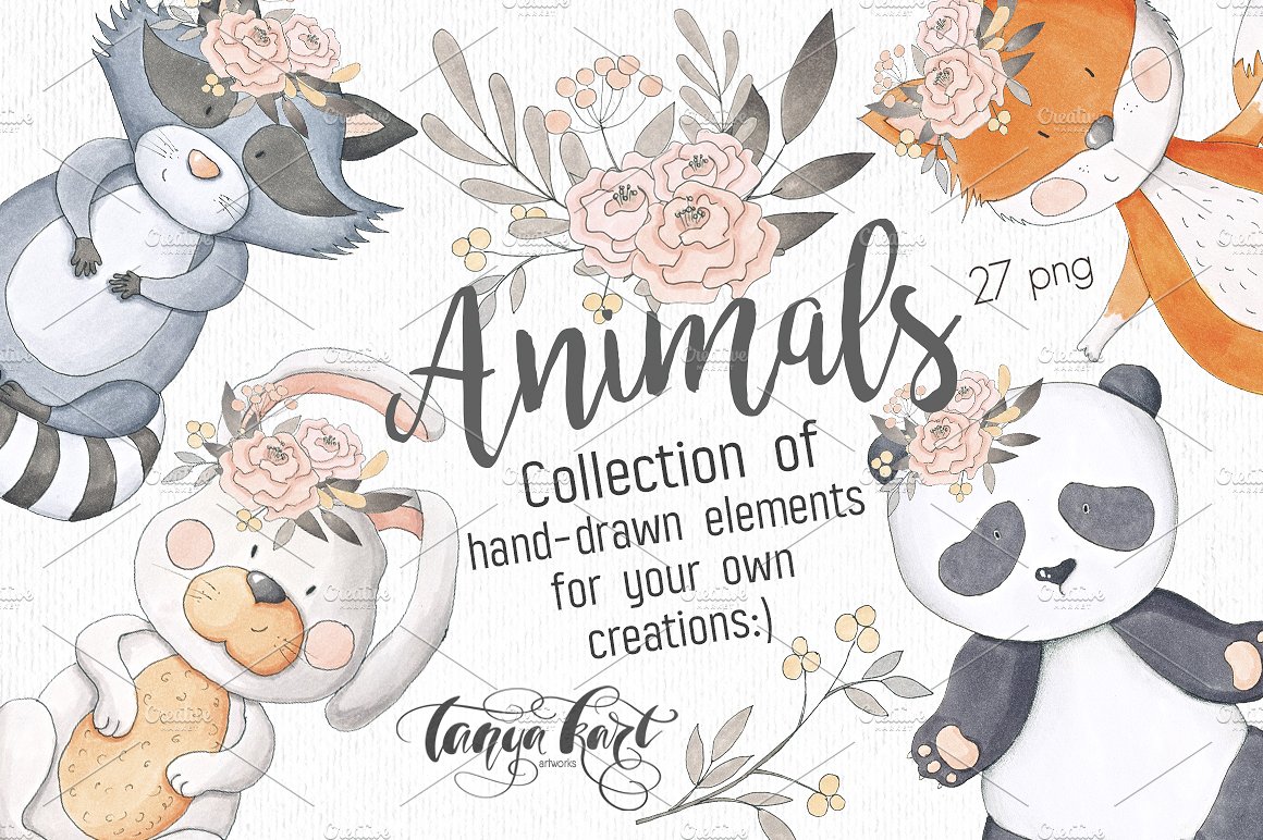 手绘创意设计素材Hand Drawn Animals Col