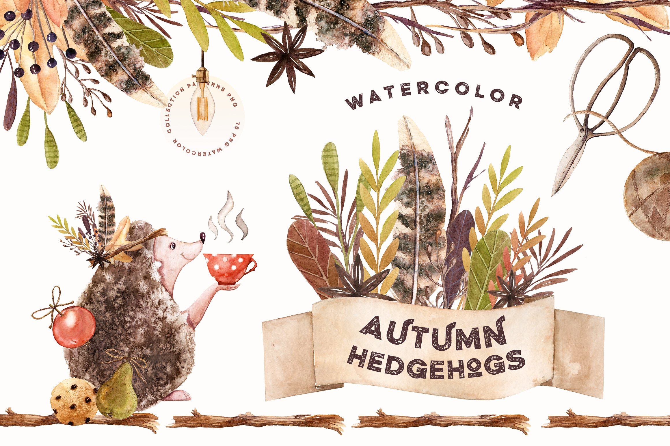 Watercolor Autumn Hedgehogs