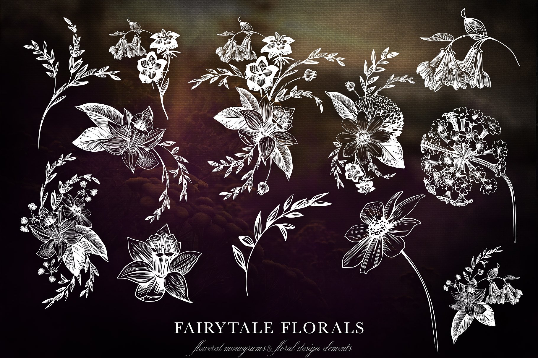 手绘花卉字母设计素材Fairytale Florals Mo