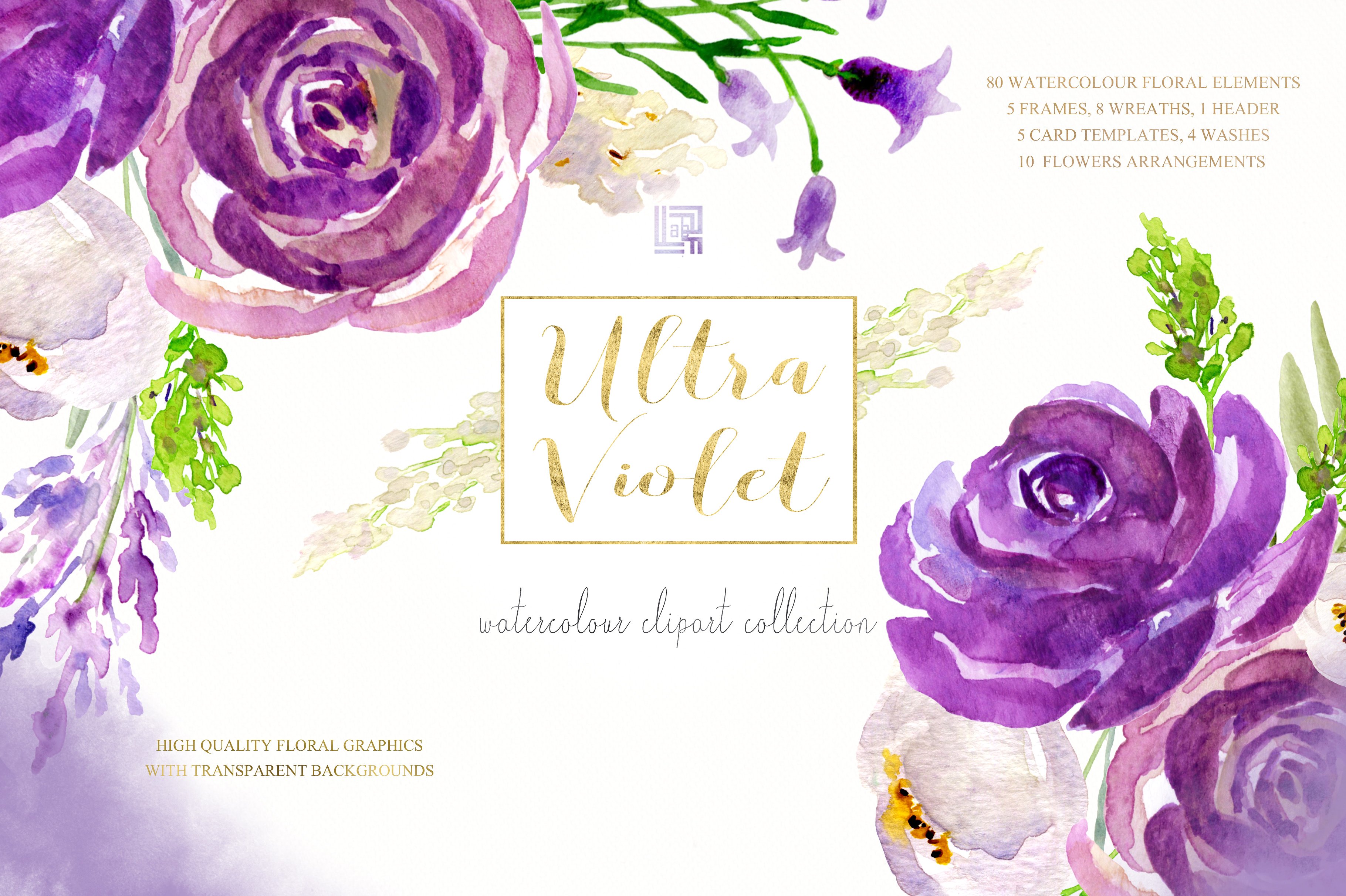 手绘水彩紫色花卉植物设计素材Ultraviolet wate