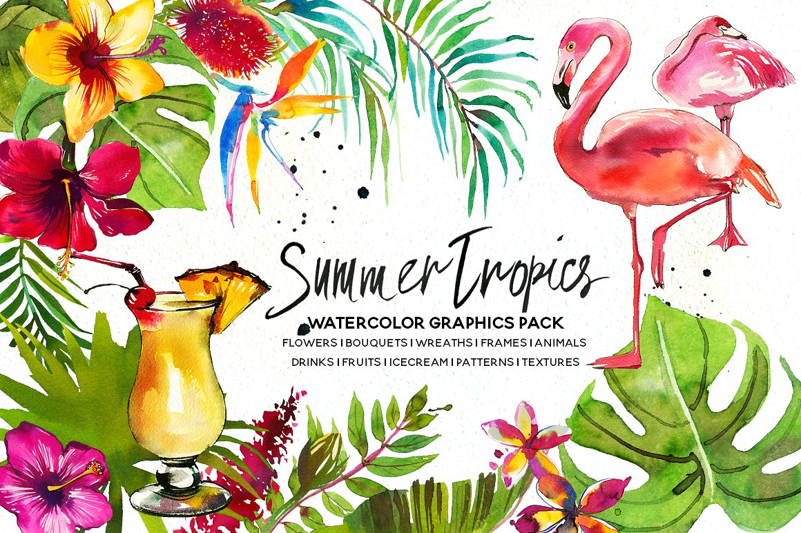 手绘水彩热带植物花卉设计素材Tropic Watercolo