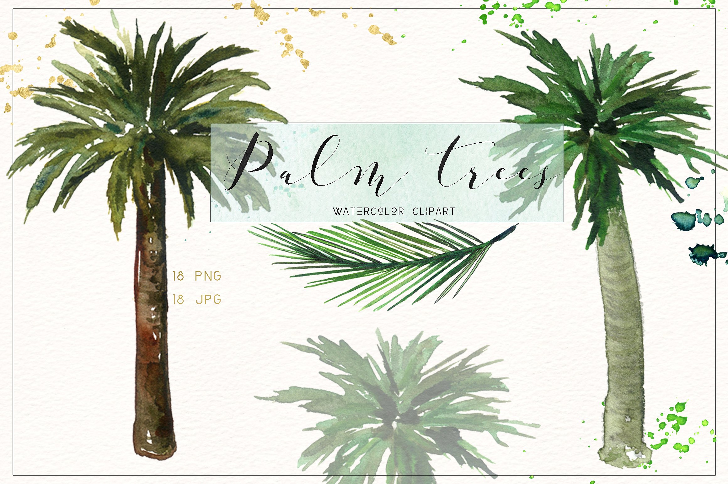手绘水彩棕榈树设计素材Palm trees. Waterco