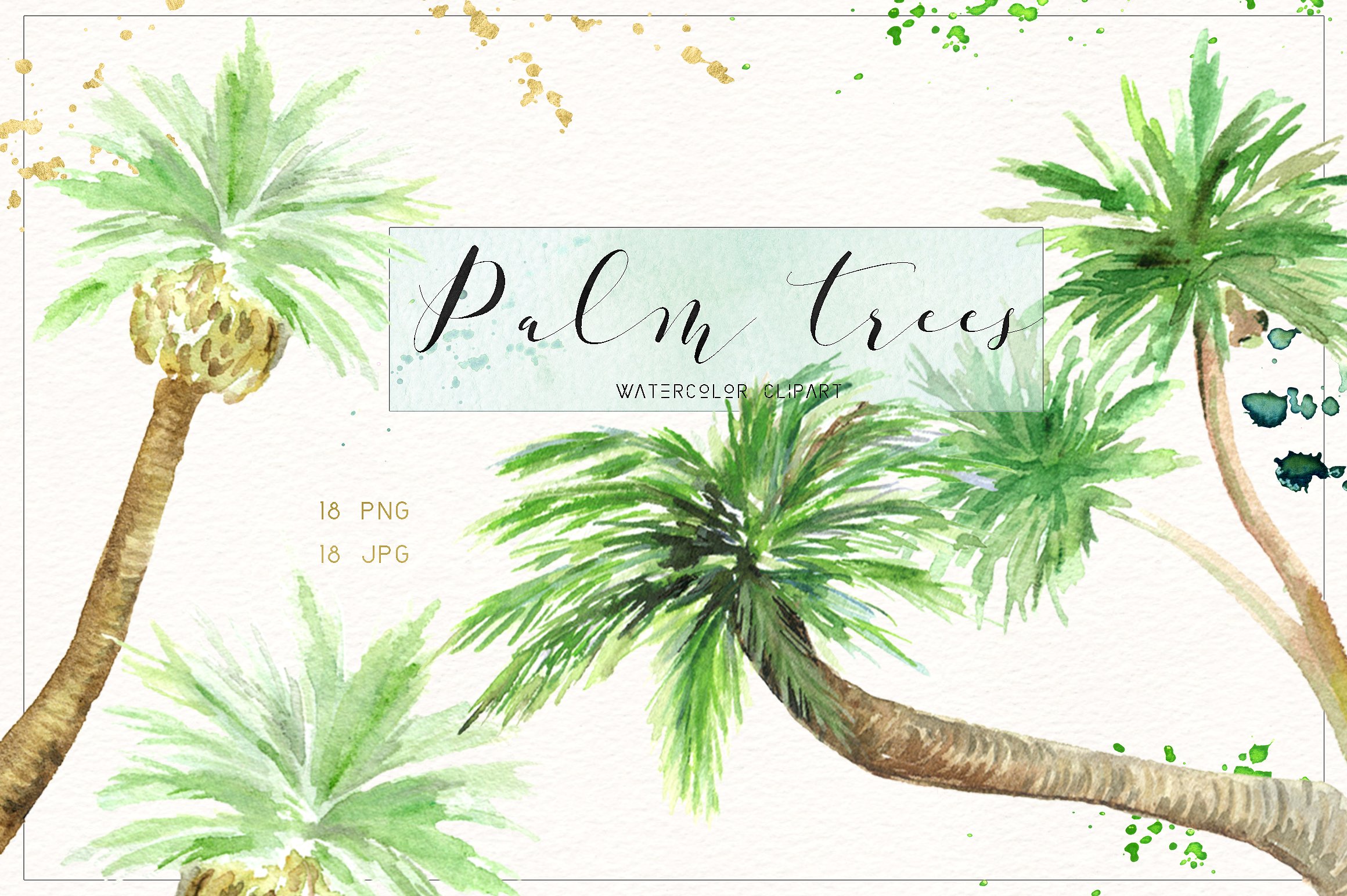 手绘水彩棕榈树设计素材Palm trees. Waterco