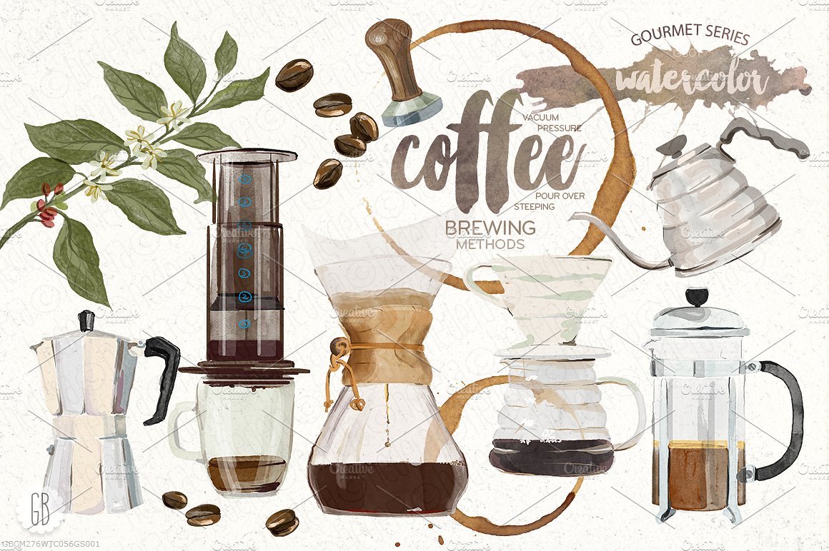 手绘水彩咖啡酿造过程设计素材Watercolor coffe