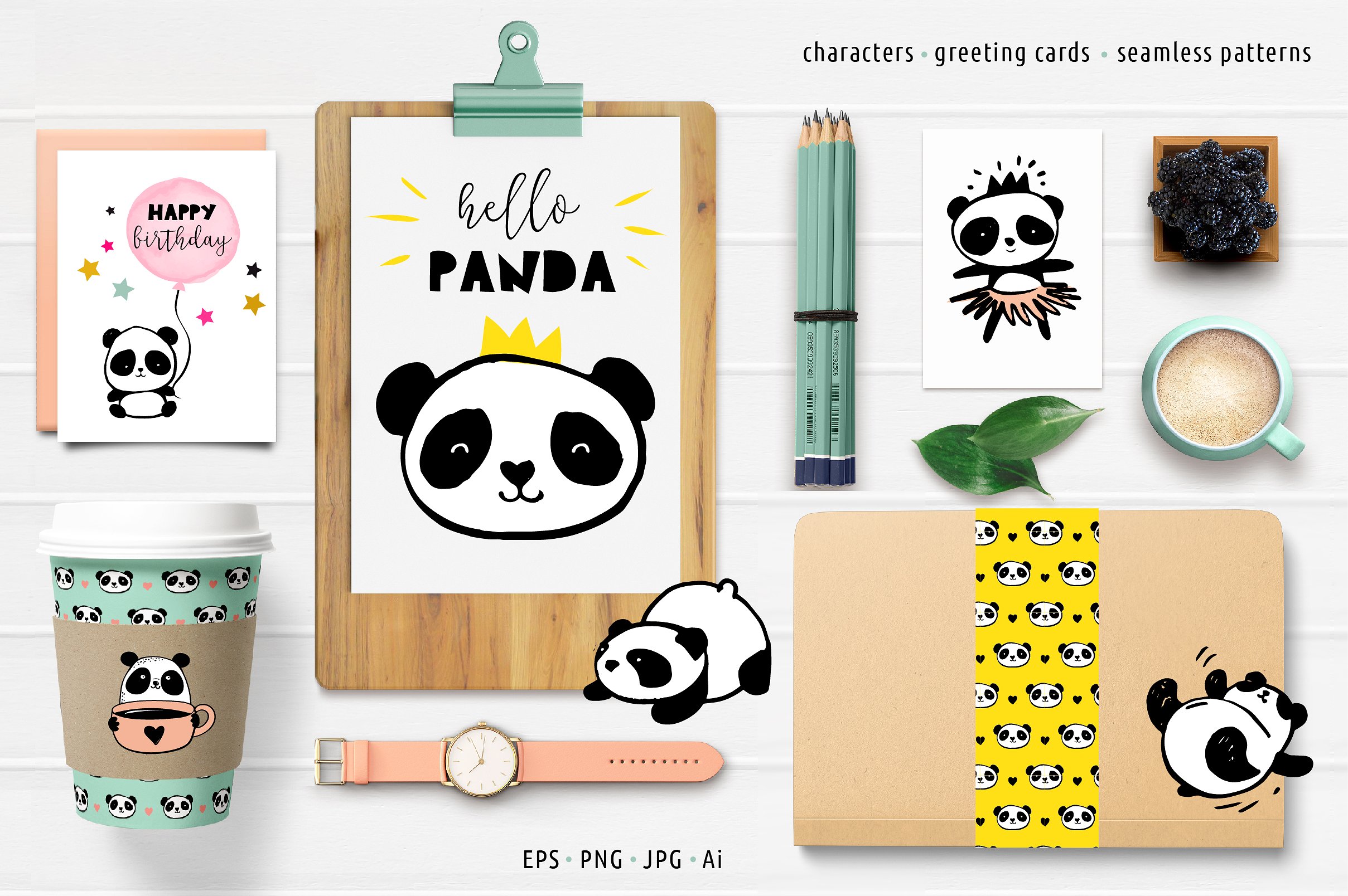 手绘卡通熊猫设计素材Panda bear design co