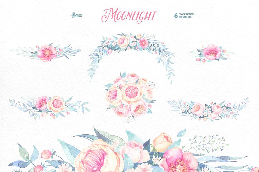 手绘水彩花卉植物设计素材Moonlight. Floral