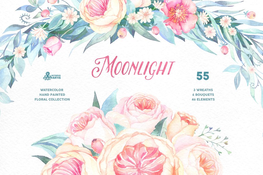 手绘水彩花卉植物设计素材Moonlight. Floral