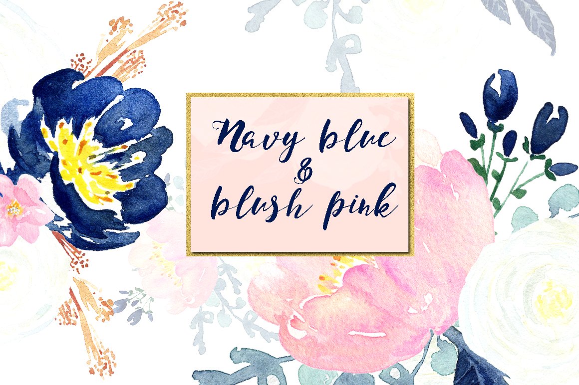 手绘水彩植物花卉设计素材Navy blue and blus
