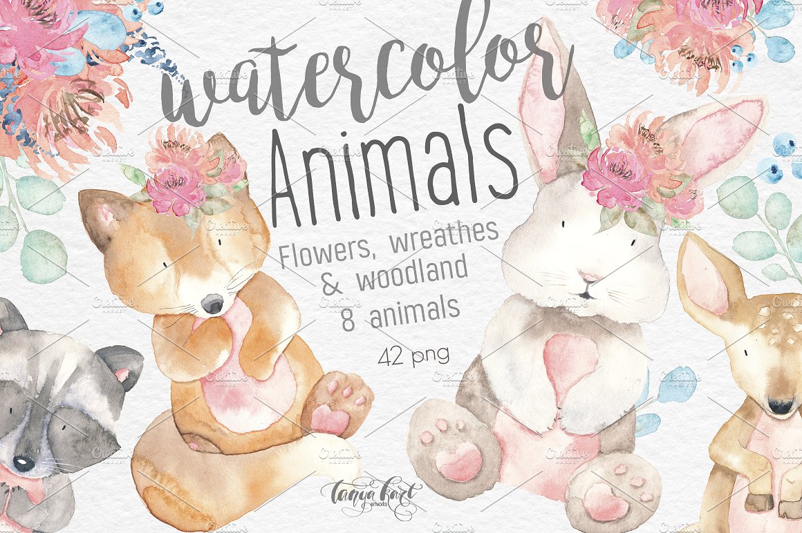 手绘水彩动物花卉设计素材Watercolor Animals