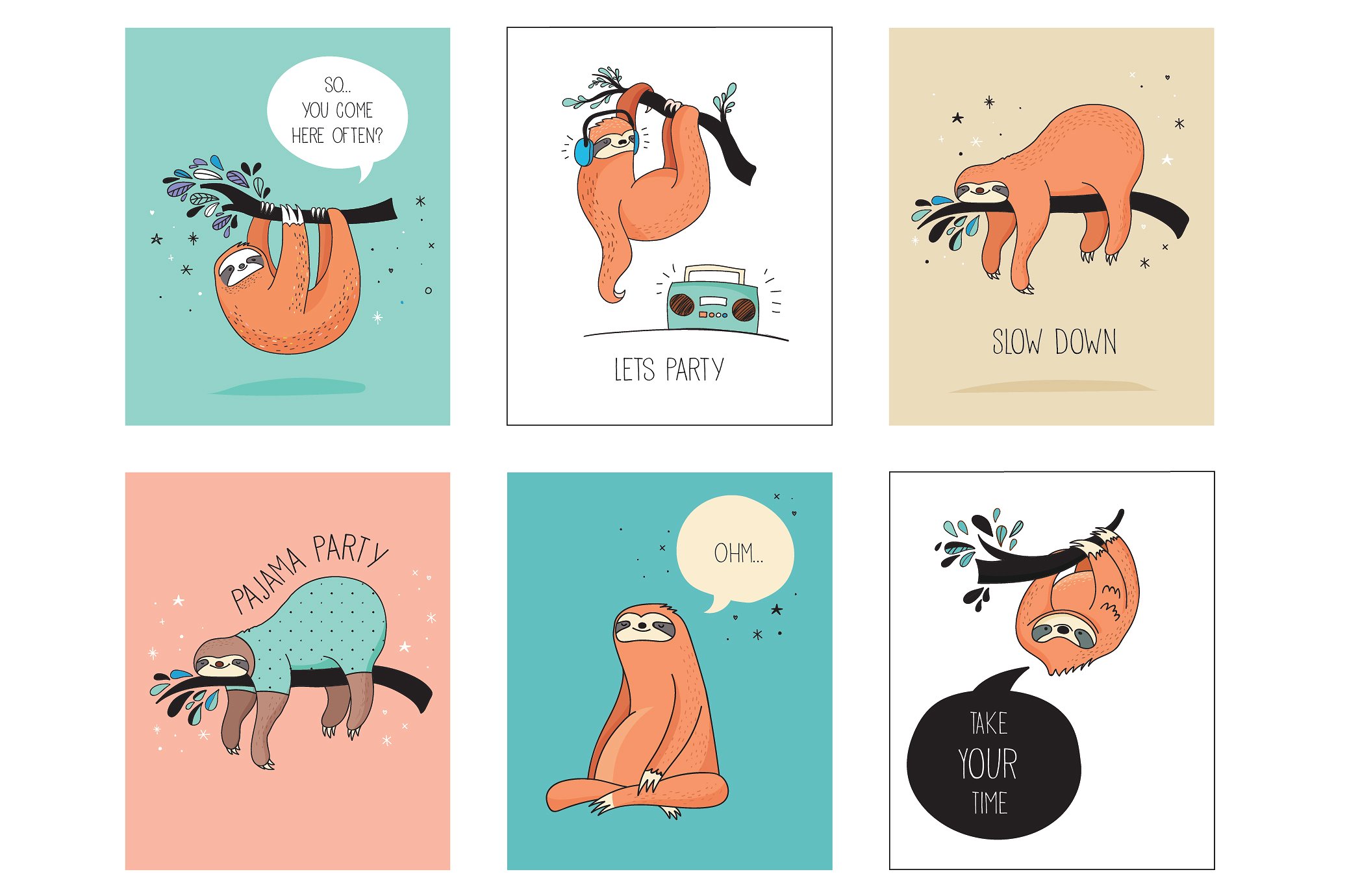 Cute sloths icons, cards, patt