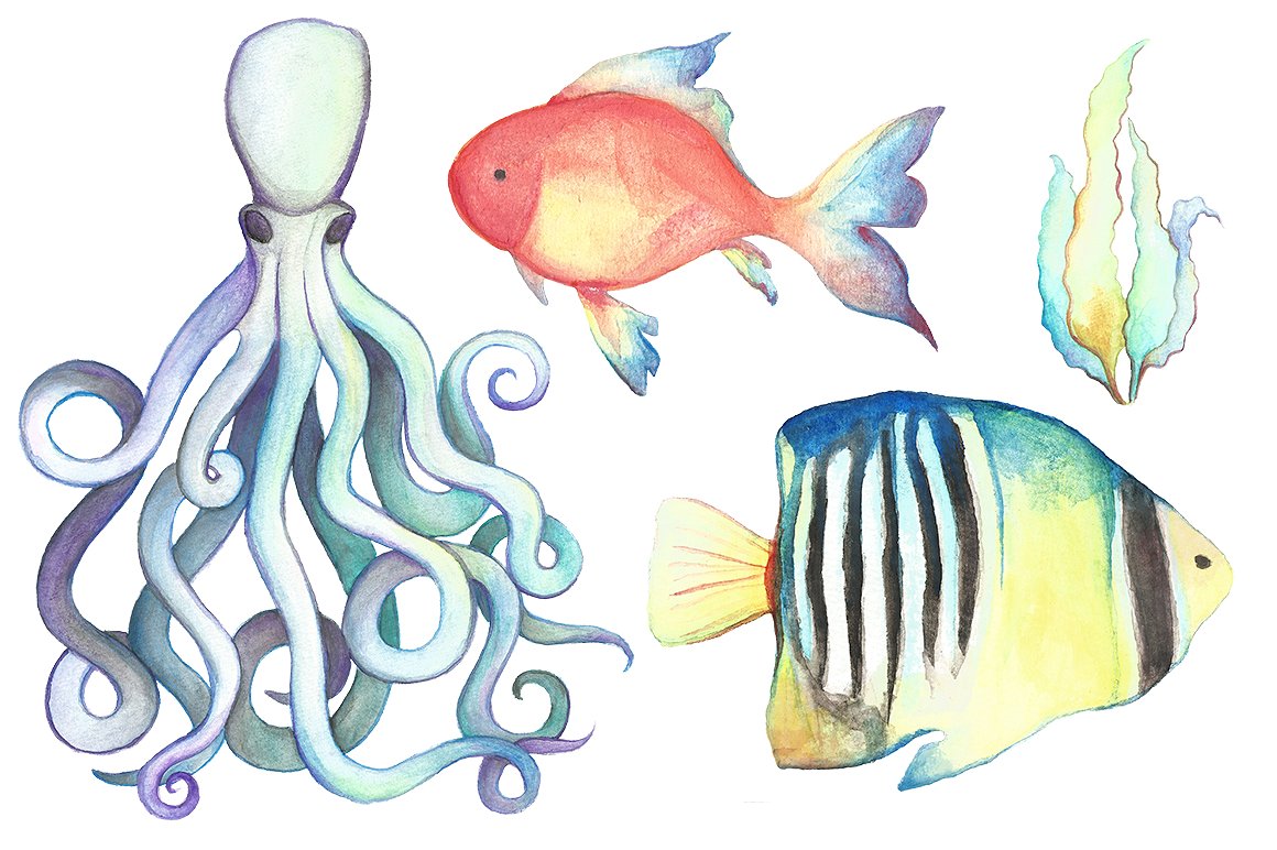 手绘水彩海洋生物设计素材Watercolor Sea Lif