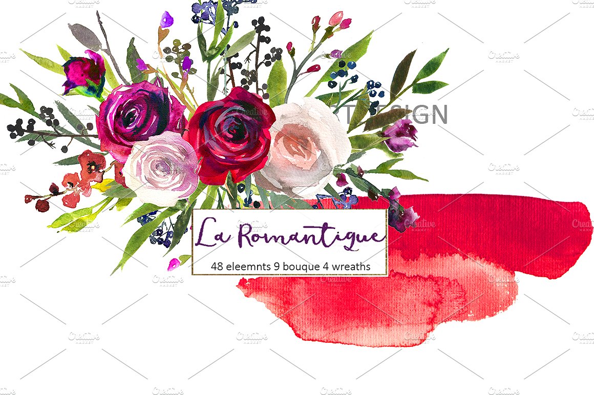 手绘水彩花卉植物设计素材Burgundy Red Pink