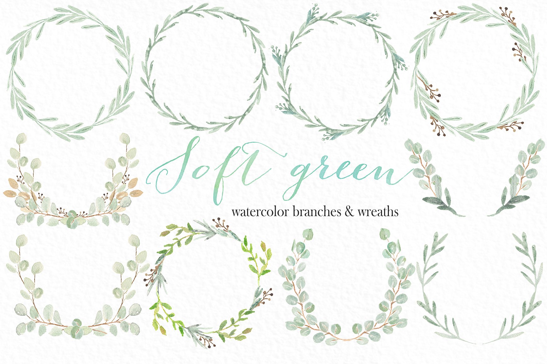手绘水彩植物设计素材Soft green wreaths b