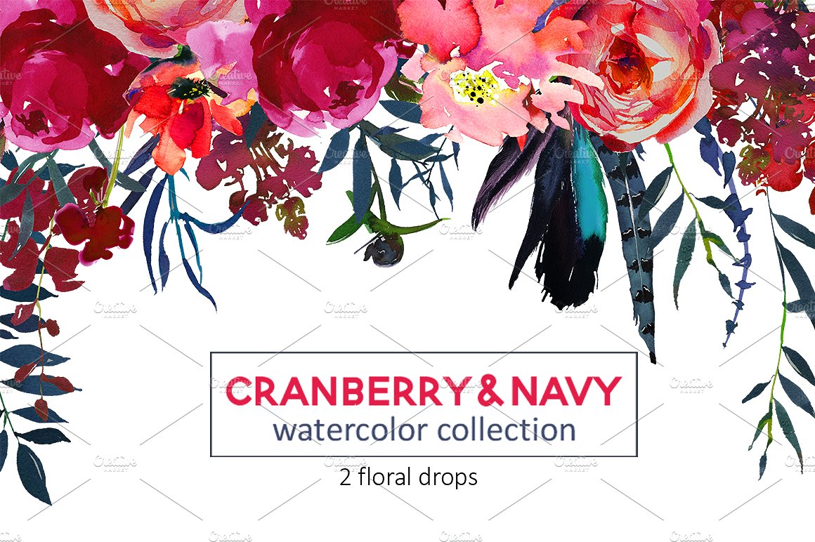 Red Navy Boho Watercolor Flowe