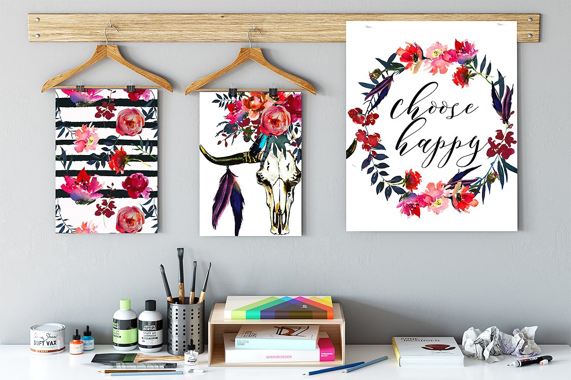 Red Navy Boho Watercolor Flowe