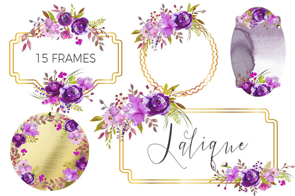 手绘水彩花卉植物设计素材Violet Purple Wate