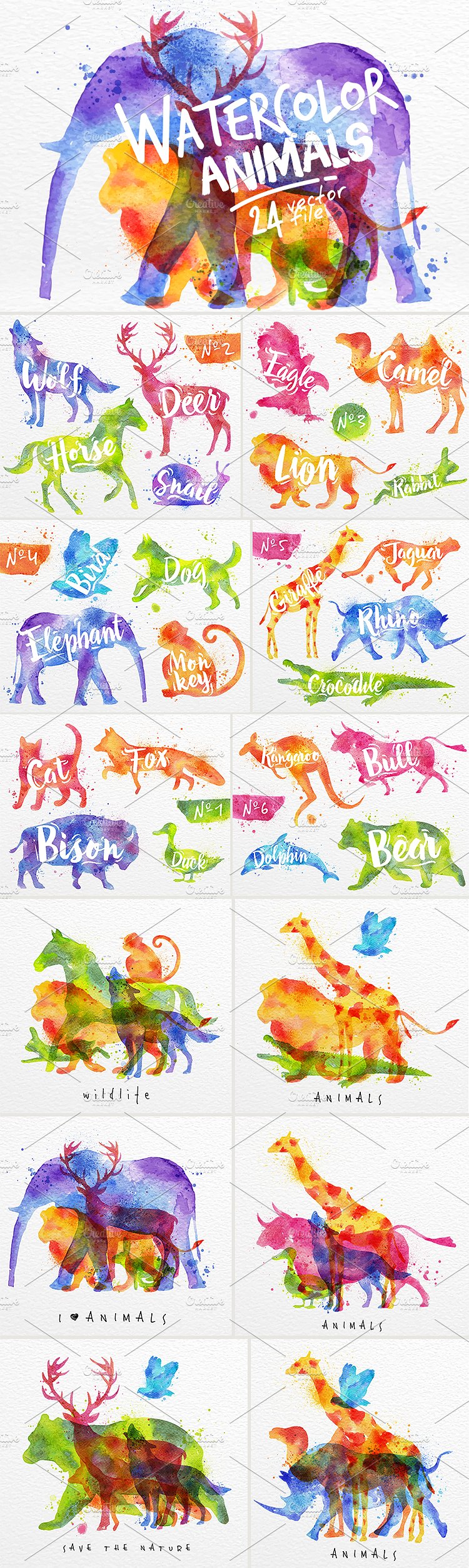 手绘水彩动物设计素材Watercolor Animals